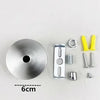 A polished stainless steel ceiling mount canopy with various hardware components including a ring, yellow brackets, and screw