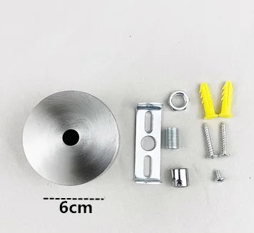 A polished stainless steel ceiling mount canopy with various hardware components including a ring, yellow brackets, and screw