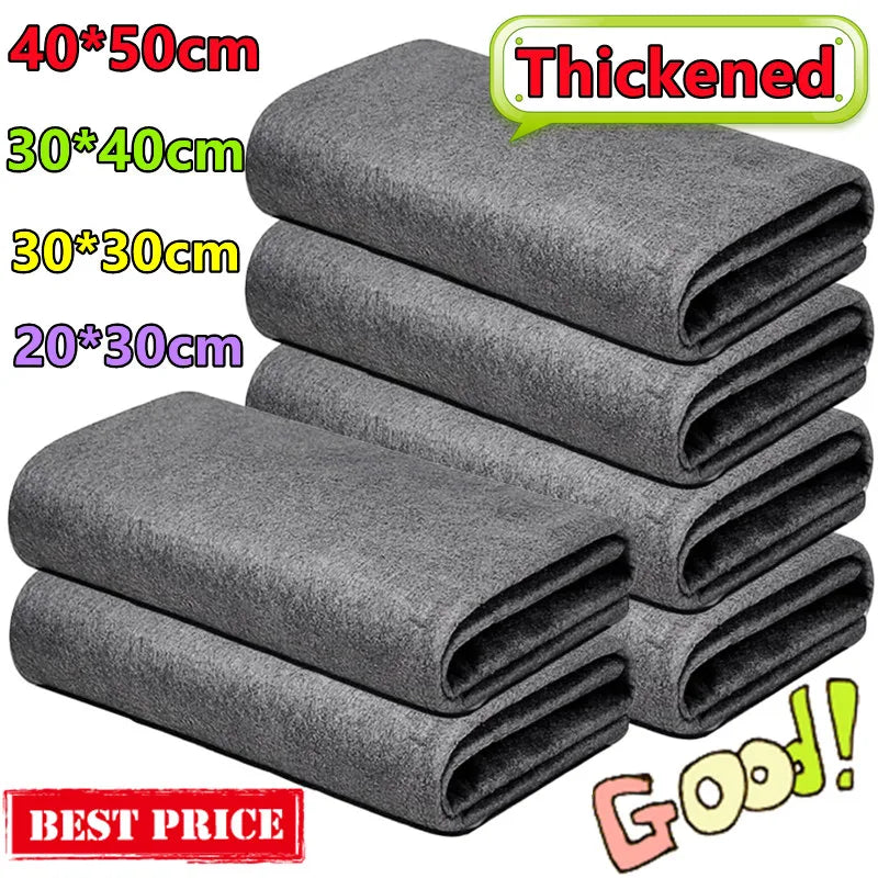A stack of gray thickened microfiber cleaning cloths in various sizes, including 40x50cm, 30x40cm, 30x30cm, and 20x30cm.
