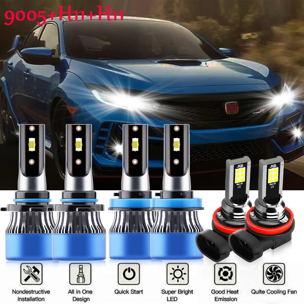 Set of LED headlight bulbs for a Honda Civic featuring high, low, and fog light options with various installation designs.