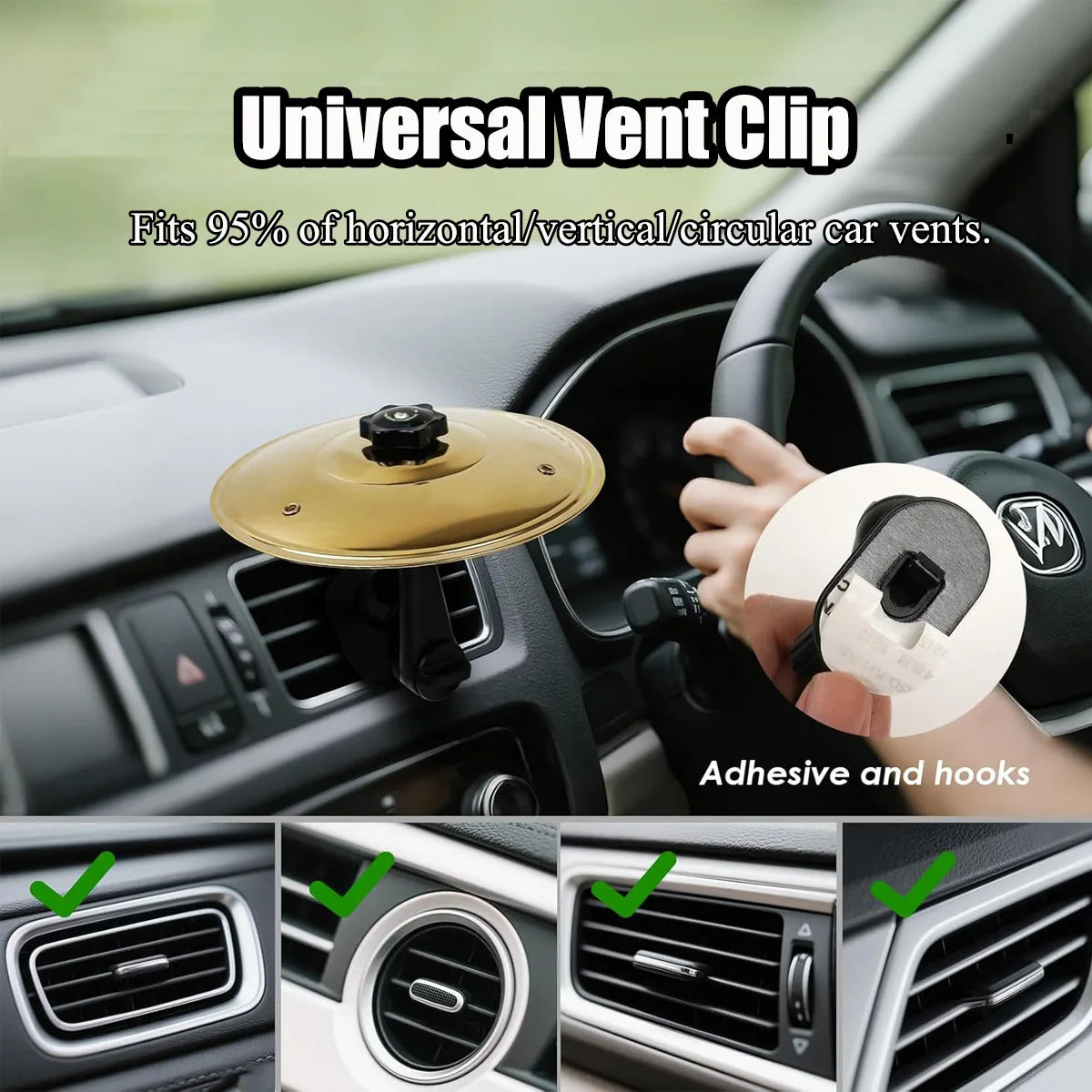 Un clip de ventilation universel est installé dans un conduit de voiture, montrant ses fonctionnalités adhésives et à crochet