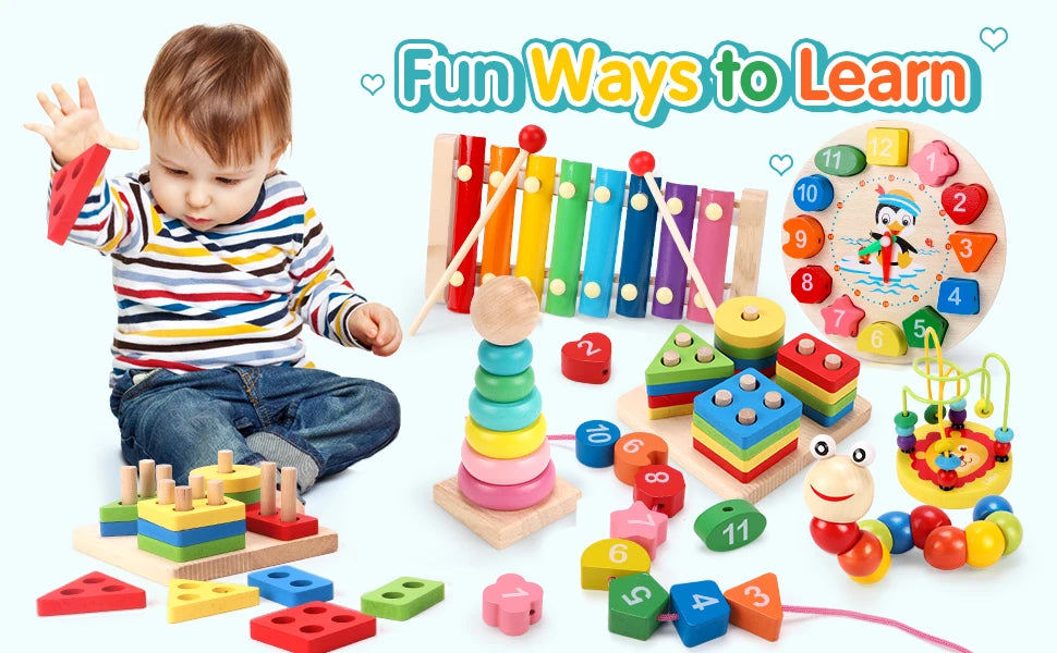 A toddler plays with various wooden puzzles, including stacking rings, geometric blocks, and wooden puzzles.