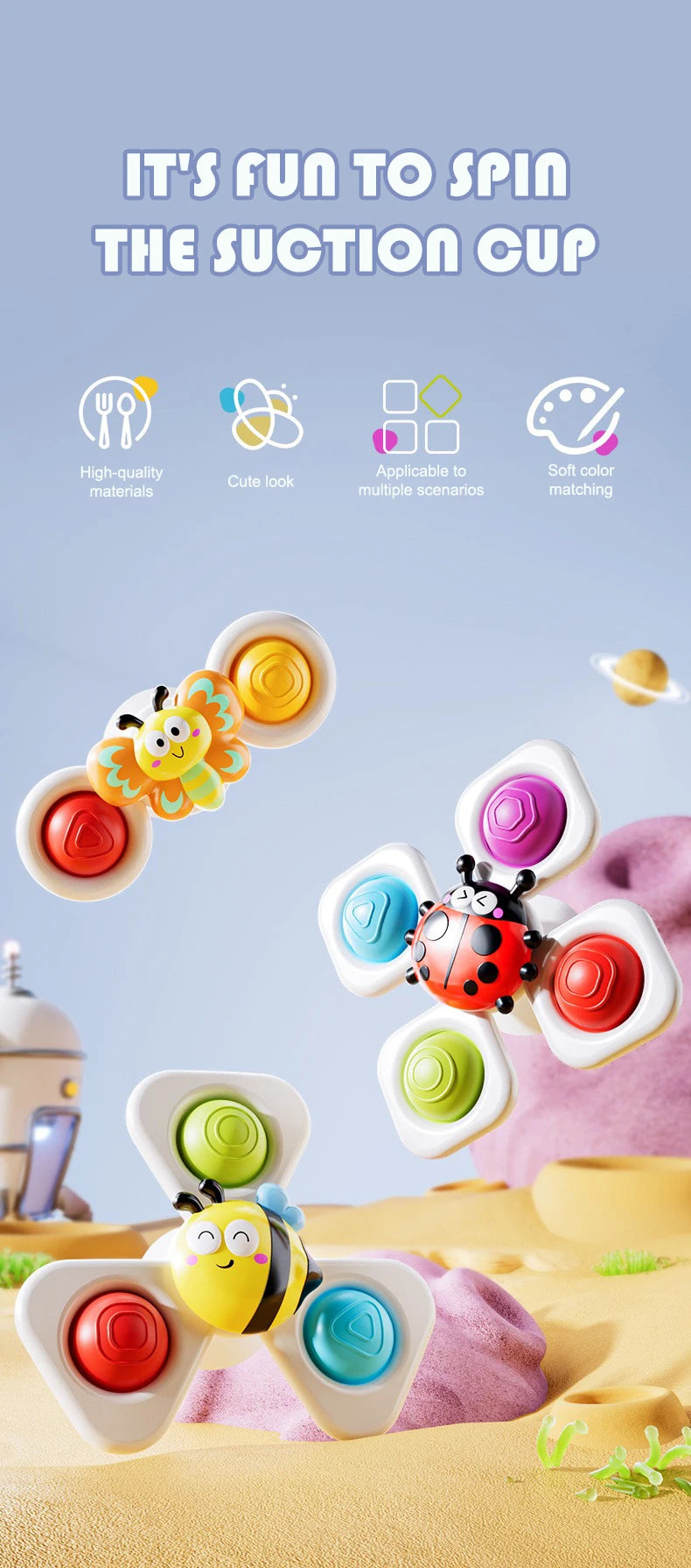 A colorful spinning suction cup bath toy featuring an animal design, shown in various colors on a soft fabric surface.