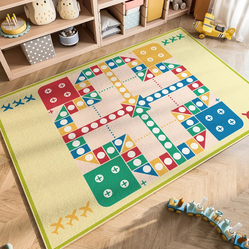 A colorful play mat featuring a pattern of cartoon cars and geometric shapes for kids.