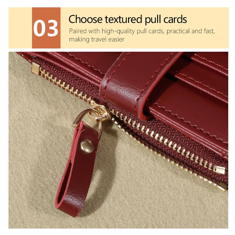 A close-up of a maroon PU leather wallet with a gold zipper pull and card slots.