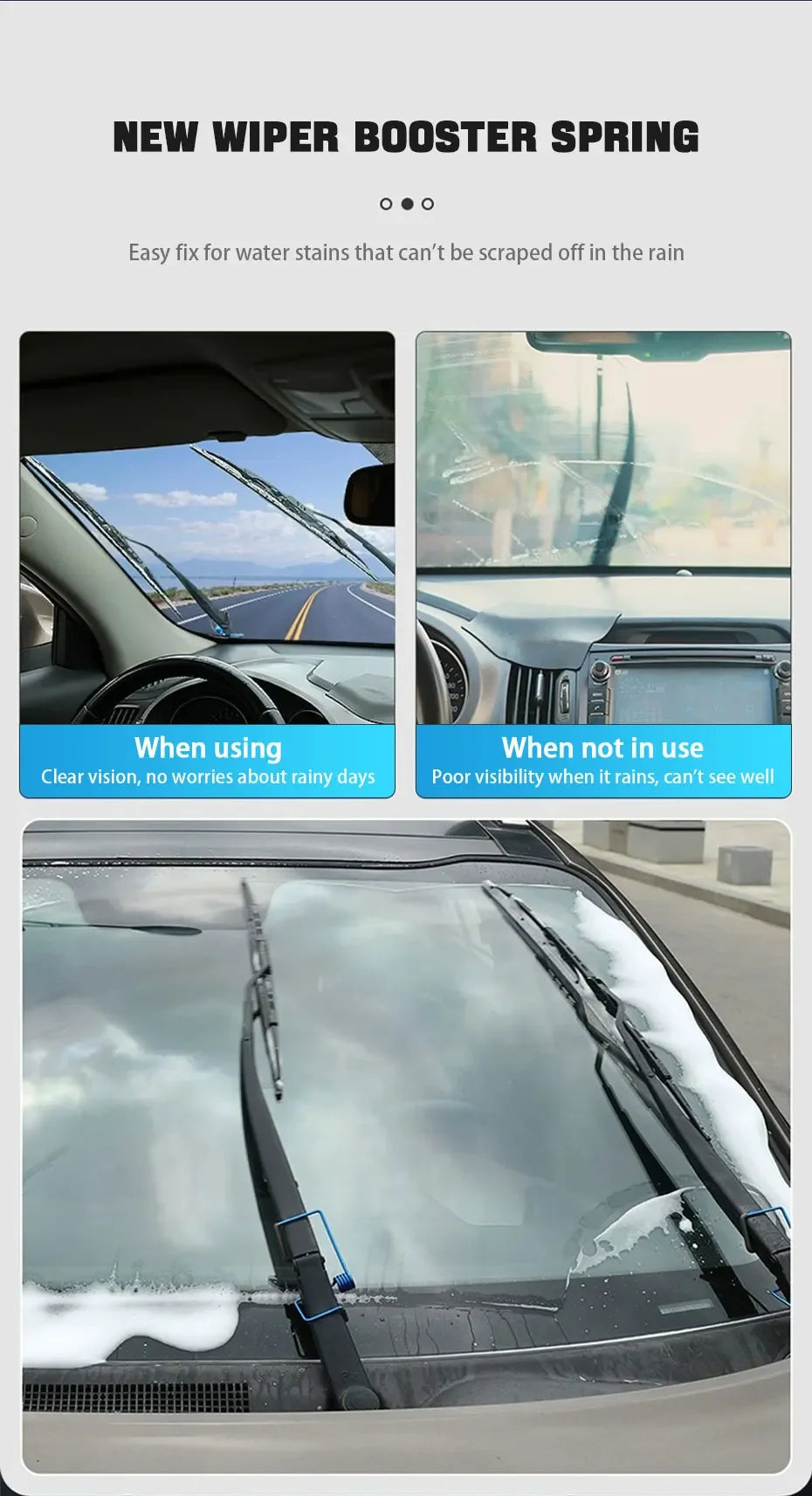 Close-up of a car windshield showing wiper blades and water streaks, demonstrating the new wiper booster spring.