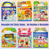 A collection of reusable gel sticker books featuring themes like space, farm, shopping, zoo animal, and princess.