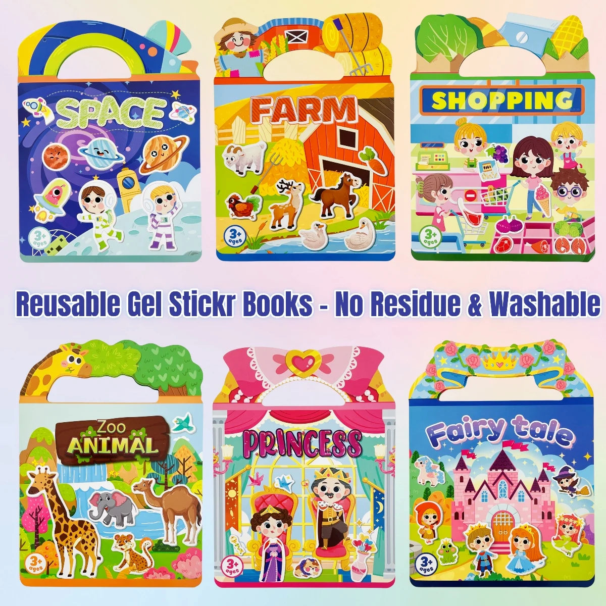 A collection of reusable gel sticker books featuring themes like space, farm, shopping, zoo animal, and princess.