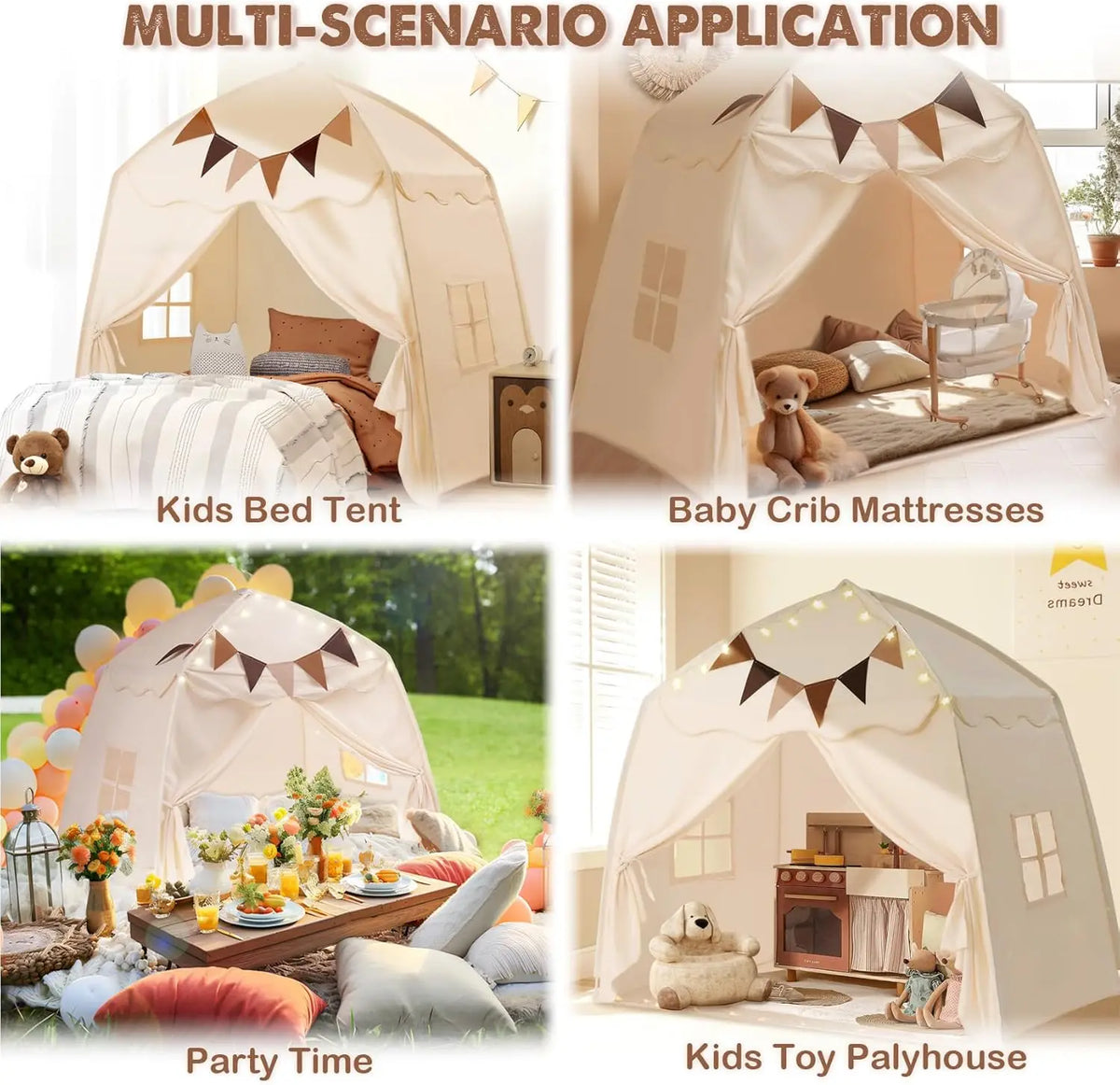 A multi-scenario application showing a kids bed tent, baby crib mattresses, and a kids toy palyhouse.