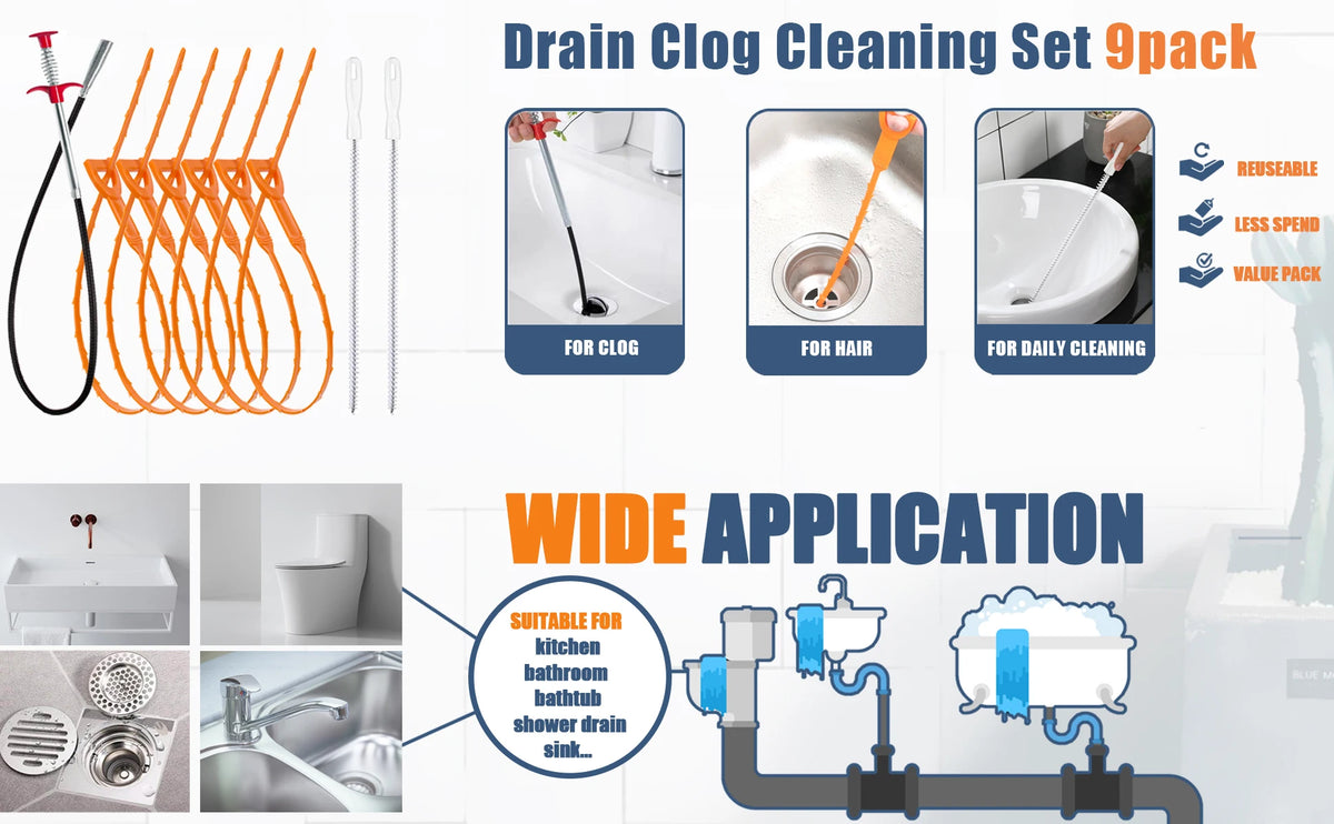 A set of nine drain clog cleaning tools including a snake, hair catchers, and daily cleaning tools for various drains.