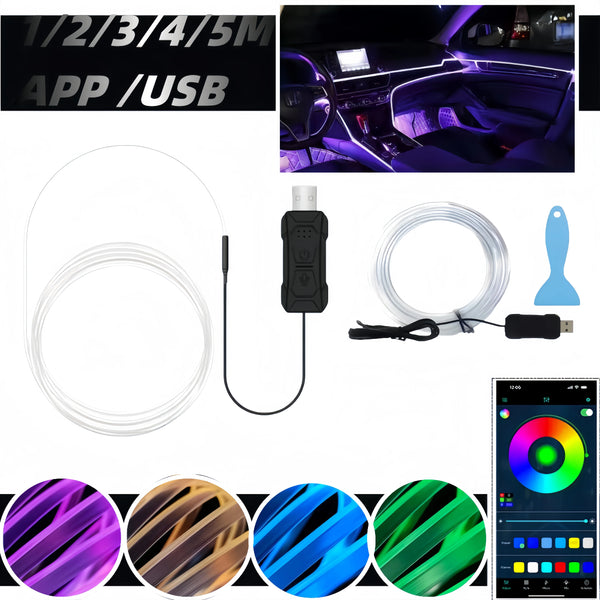 USB-betriebene RGB-LED-Streifen für die Auto-Innenausstattung, zeigend verschiedene Farb- und Installationsoptionen.