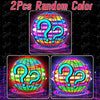 Two random color LED flying balls with question marks displayed against a dark background