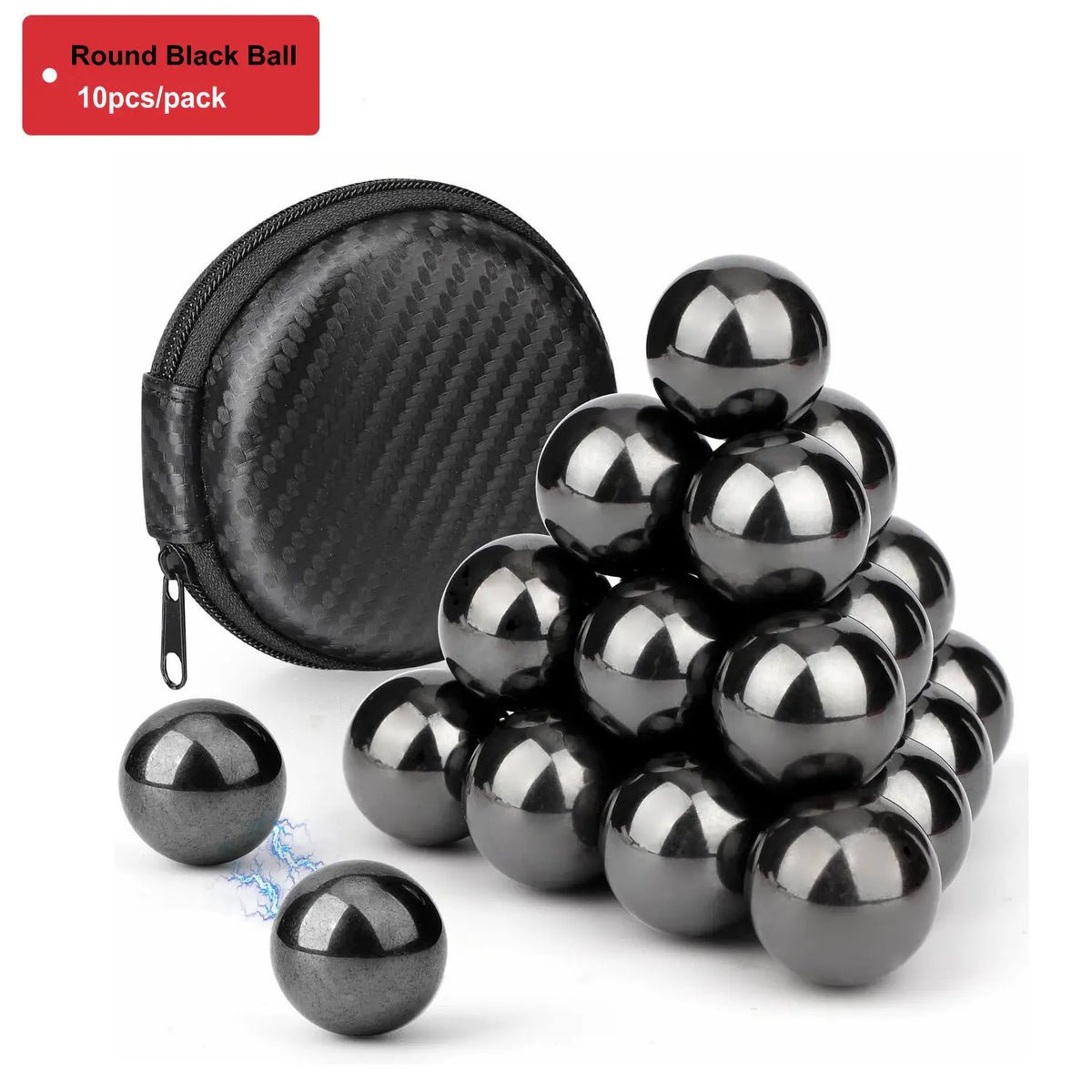 A pile of black magnetic fidget balls with a storage case shown on a white background.