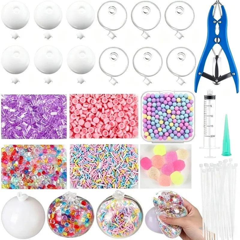 A collection of colorful stress relief squeeze balls and related crafting materials including silicone balls, glitter, and va