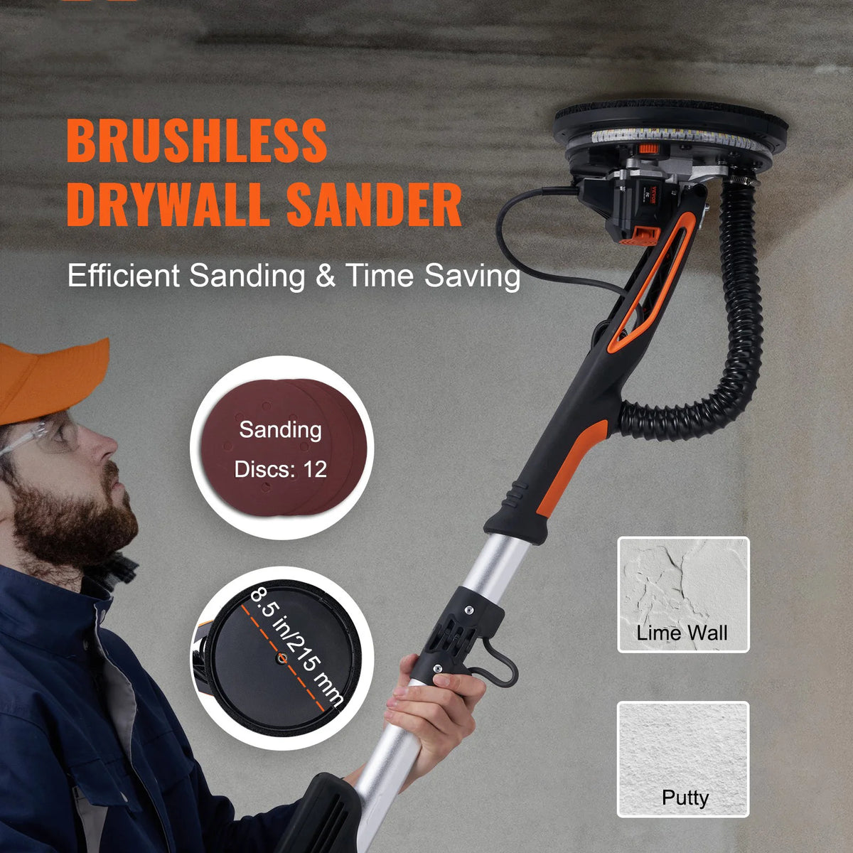 An orange and black brushless drywall sander is shown being used on a wall surface.