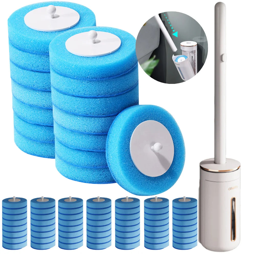 A set of blue disposable aromatherapy toilet cleaners and a wall-mount holder for cleaning.