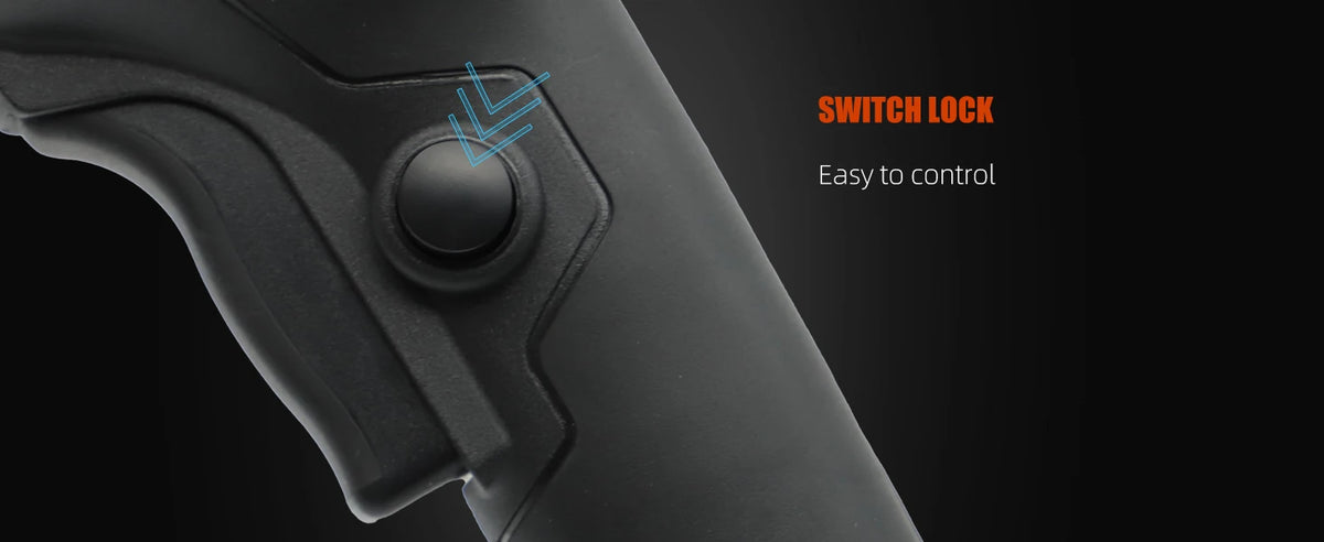 Close-up view of a black tool handle showing a switch lock feature for easy control.