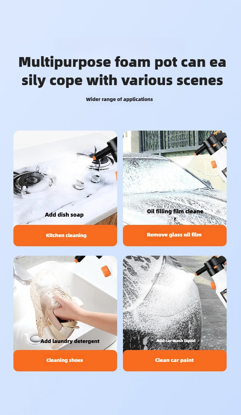 A multipurpose foam pot is shown being used for various cleaning tasks like kitchen cleaning, removing oil film, and cleaning
