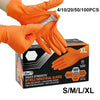 A pair of orange nitrile industrial work gloves is shown being worn, with an XL size box visible.