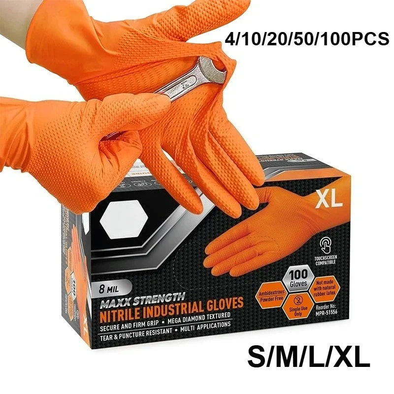 A pair of orange nitrile industrial work gloves is shown being worn, with an XL size box visible.
