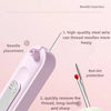 A close-up of a pink sewing tool demonstrating the threading needle and removing thread functions.