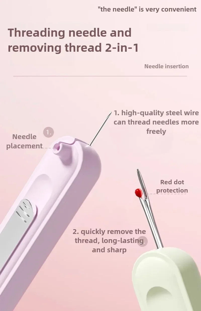 A close-up of a pink sewing tool demonstrating the threading needle and removing thread functions.