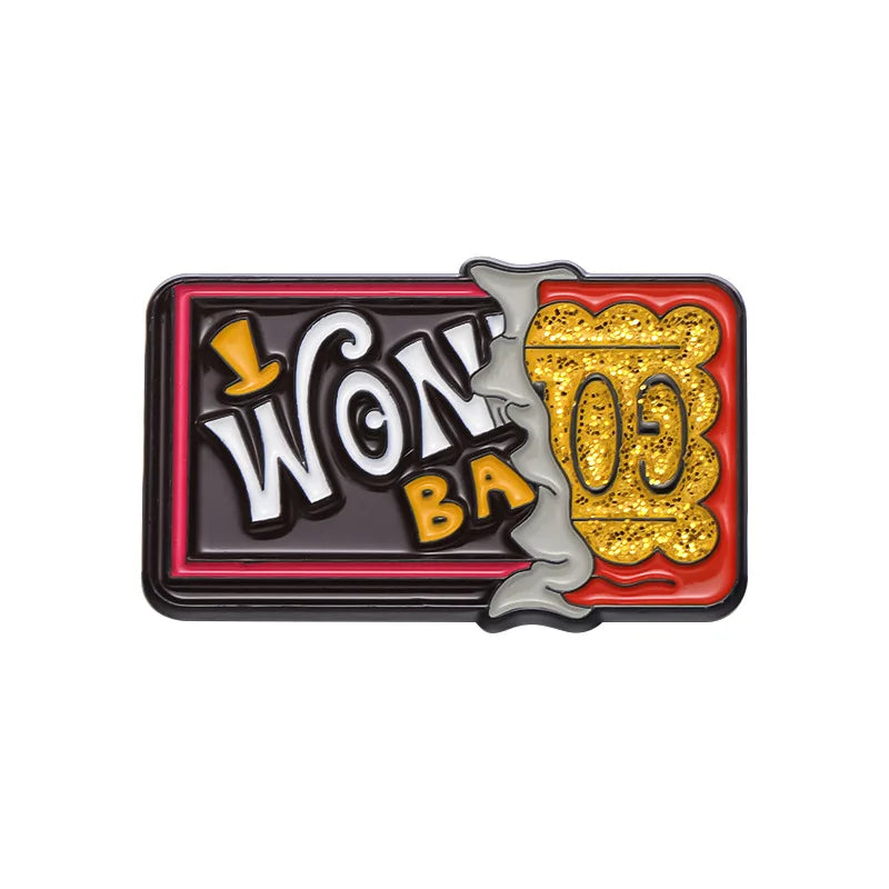Vintage airline ticket enamel brooch set featuring gold glitter text on a black background