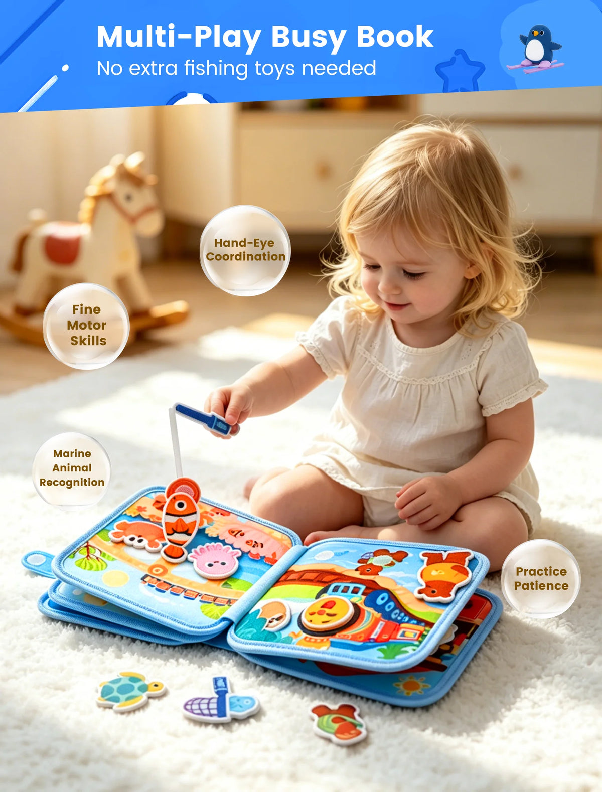 A baby is playing with a multi-play busy book featuring marine animals and various toys.