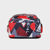 A red and gray patterned laptop backpack for work, school, and travel.