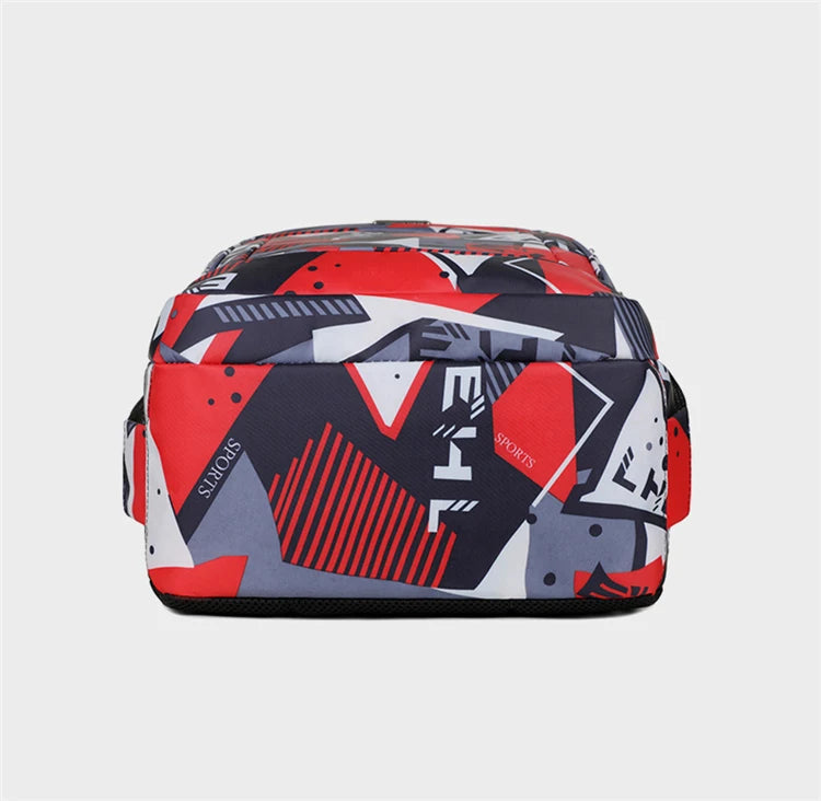 A red and gray patterned laptop backpack for work, school, and travel.