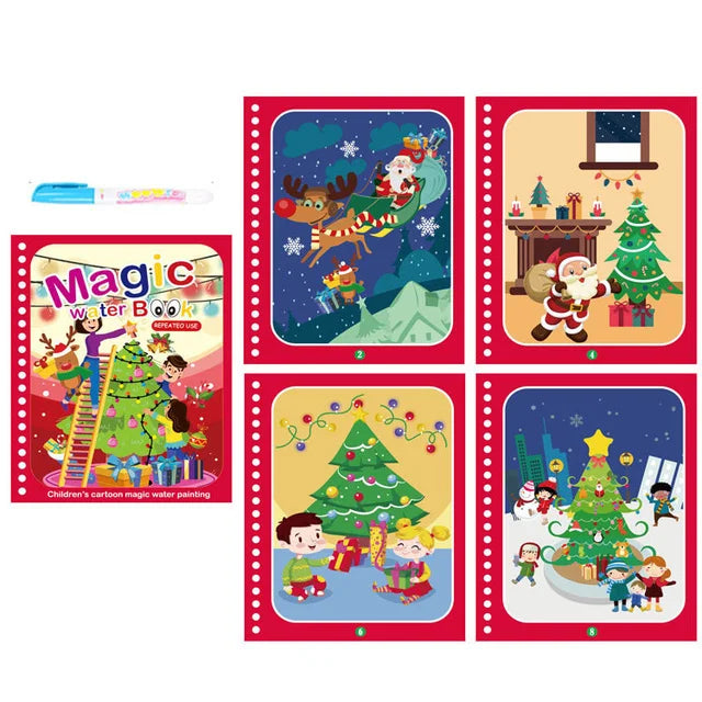A set of five colorful pages from a reusable water drawing book featuring Christmas and winter scenes.