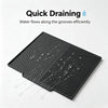 A black silicone dish drying mat with grooves is shown, demonstrating quick draining of water.