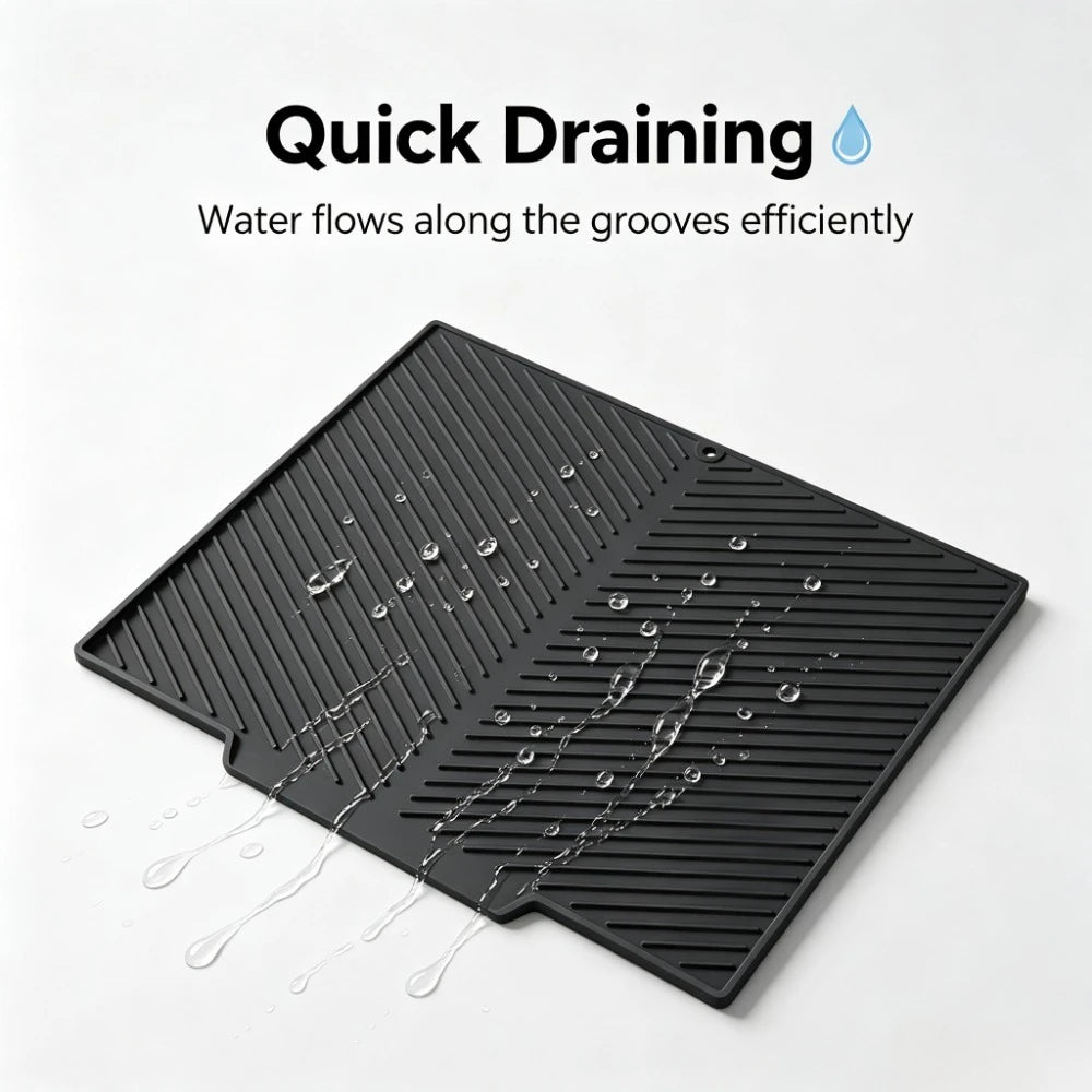 A black silicone dish drying mat with grooves is shown, demonstrating quick draining of water.