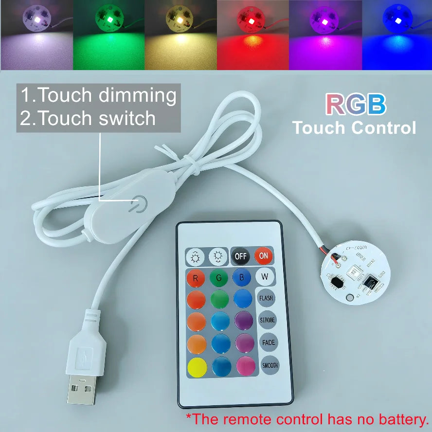 A USB LED light board with a remote control and touch switch, showing various colored lights.