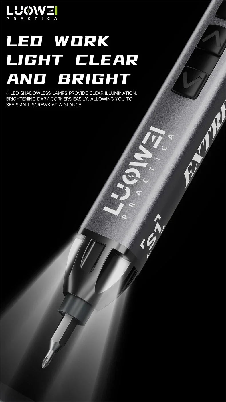 A close-up view of a Luowei Practica LED work light precision electric screwdriver with a bright beam.