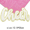 White and gold chenille letter patch spelling Cheer