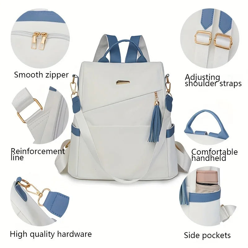 White and blue vegan leather backpack featuring smooth zippers, adjusting shoulder straps, reinforcement line, and side pocke