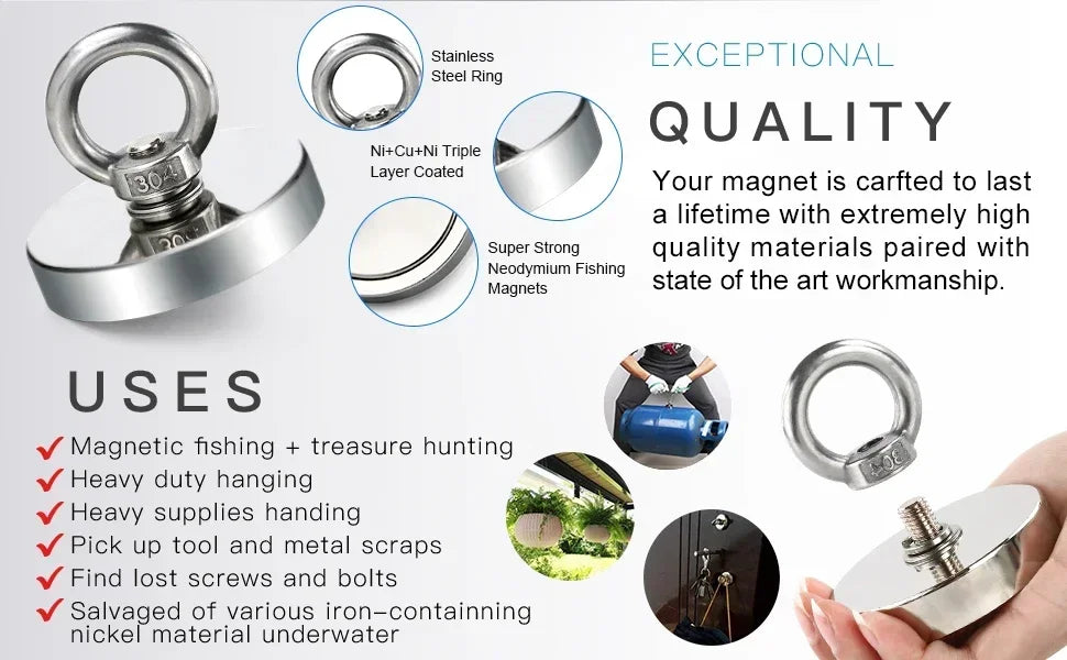 A set of strong neodymium fishing magnets and an eyebolt used for various tasks like fishing, hunting, and salvage.