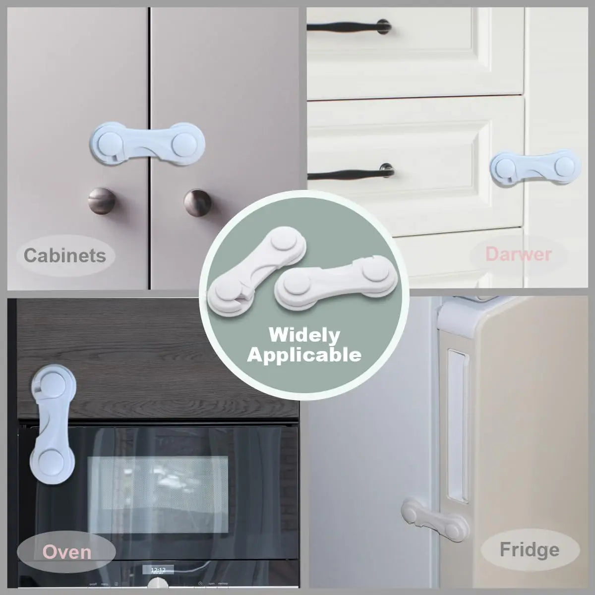Close-up view of adhesive baby proof cabinet locks and latches used on drawers, cupboards, ovens, and fridges.