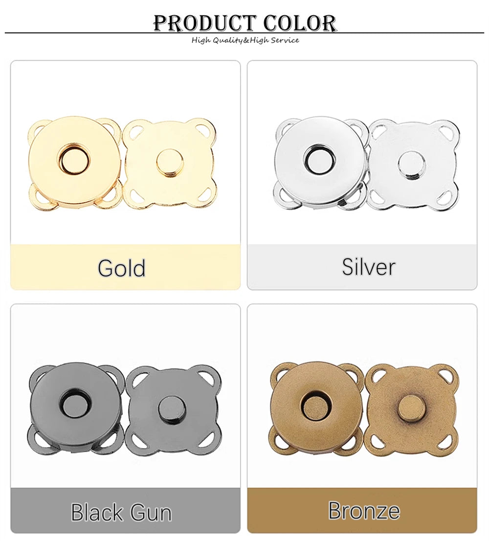 Exhibición de diversos sujetadores de presión magnéticos metálicos en colores Oro, Plata, Negro, y Bronce.