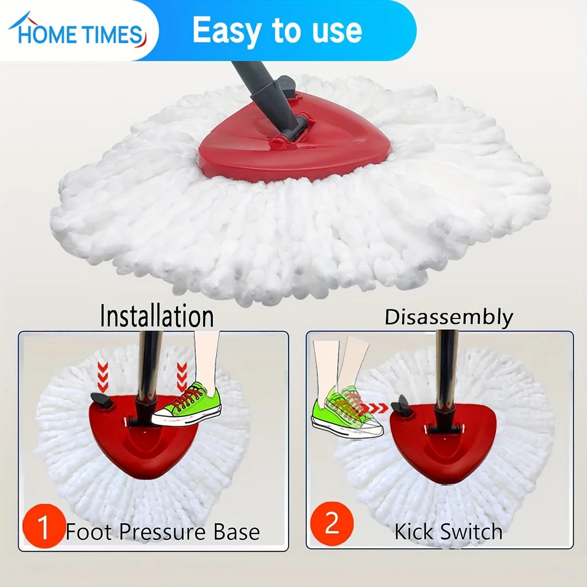 Installation and disassembly of a replacement microfiber mop head for a spin mop system, showing the foot pressure base and k