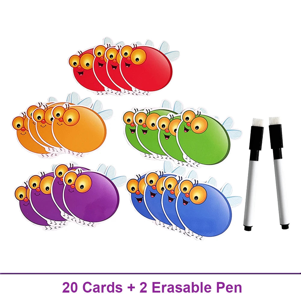A set of 20 cards featuring fly swats in various colors and a pair of erasable pens.