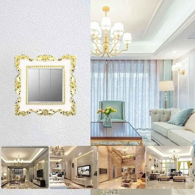 A decorative gold frame with a rose pattern used as a switch cover plate.