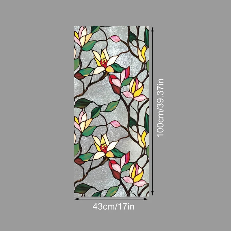 Floral stained glass window film featuring pink, yellow, and green leaves on a gray background