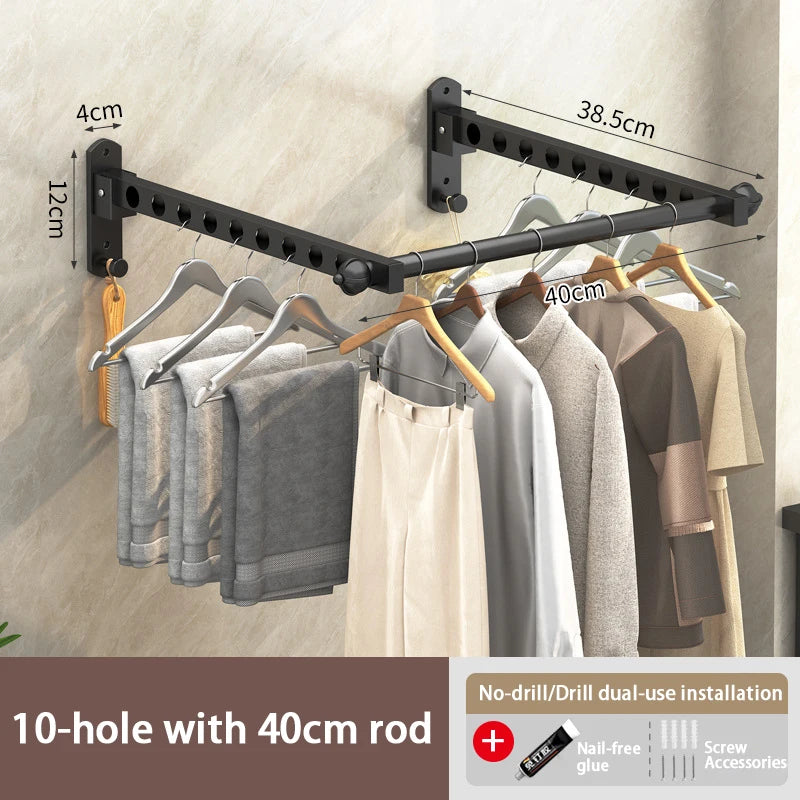 Black 10-hole wall-mounted clothes drying rack with a 40cm rod for dual-use installation