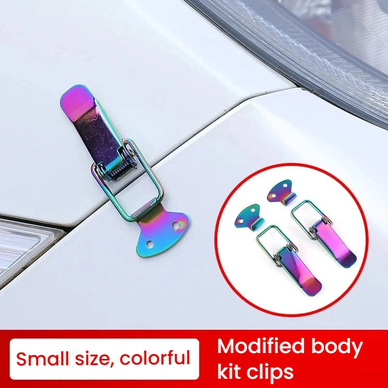 A close-up of a modified body kit clip featuring colorful, small alloy pins for car or truck modification.