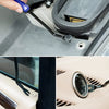 A hand is using a black trim removal tool on a car interior panel, shown alongside close-ups of the tool and its application.