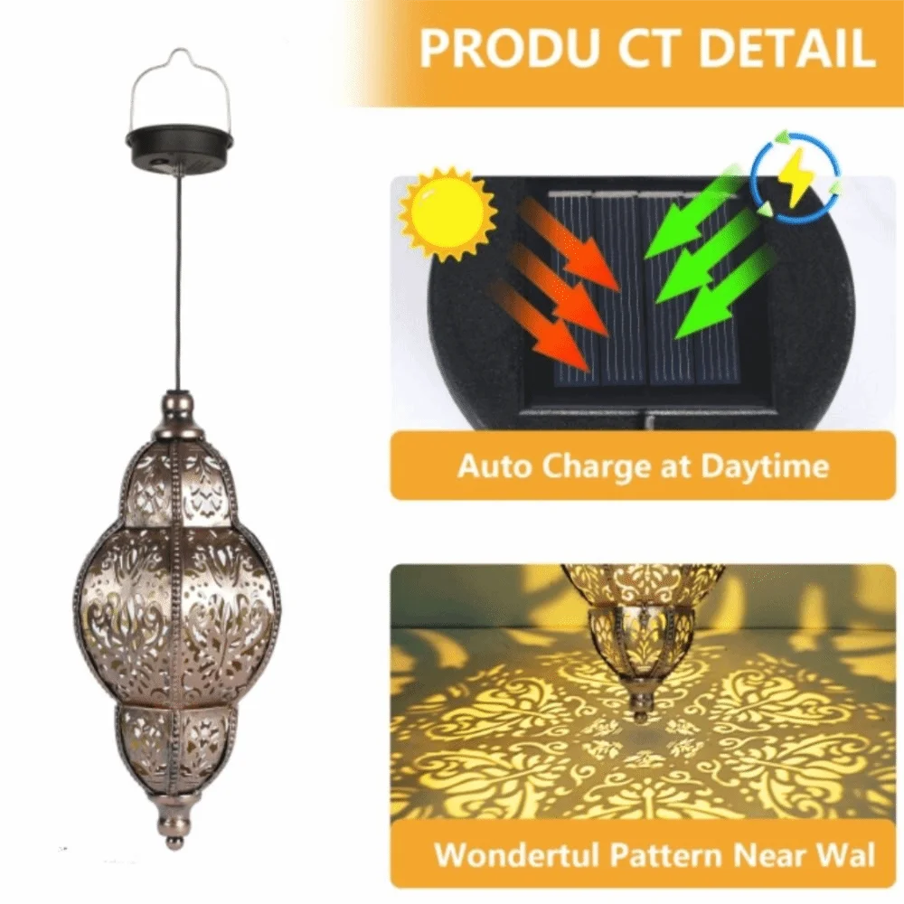 A decorative solar-powered Moroccan lantern with intricate ironwork design.