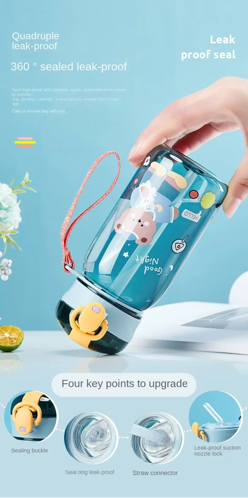 A hand holds a teal cartoon straw water bottle with a yellow leak-proof lid, demonstrating its seal.