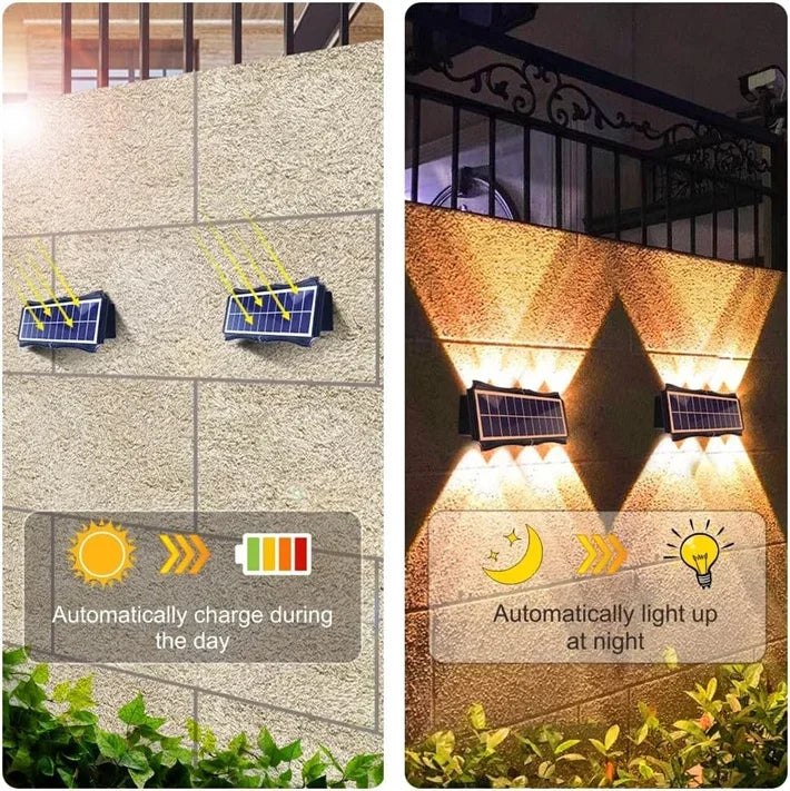 Solar powered LED wall lights automatically charge during the day and light up at night